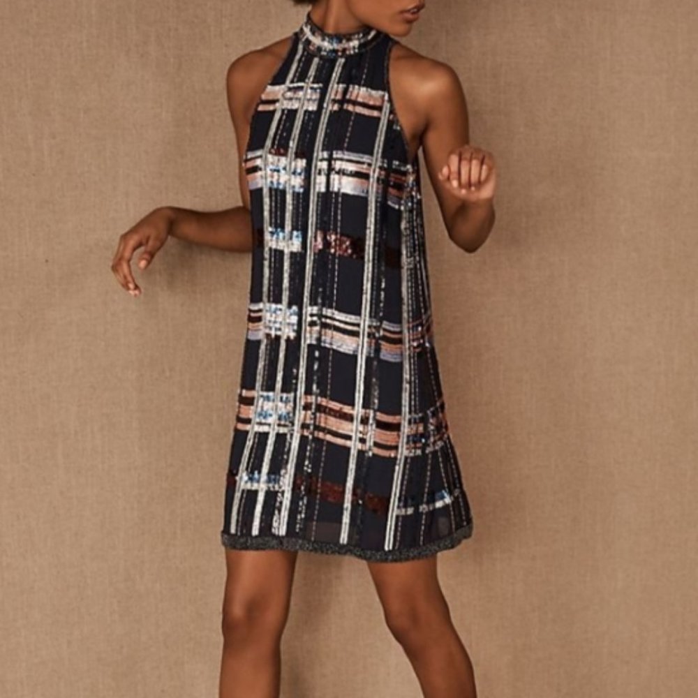 Anthro BHLDN Plaid Sequin Charlyn Mock Neck Mini Dress